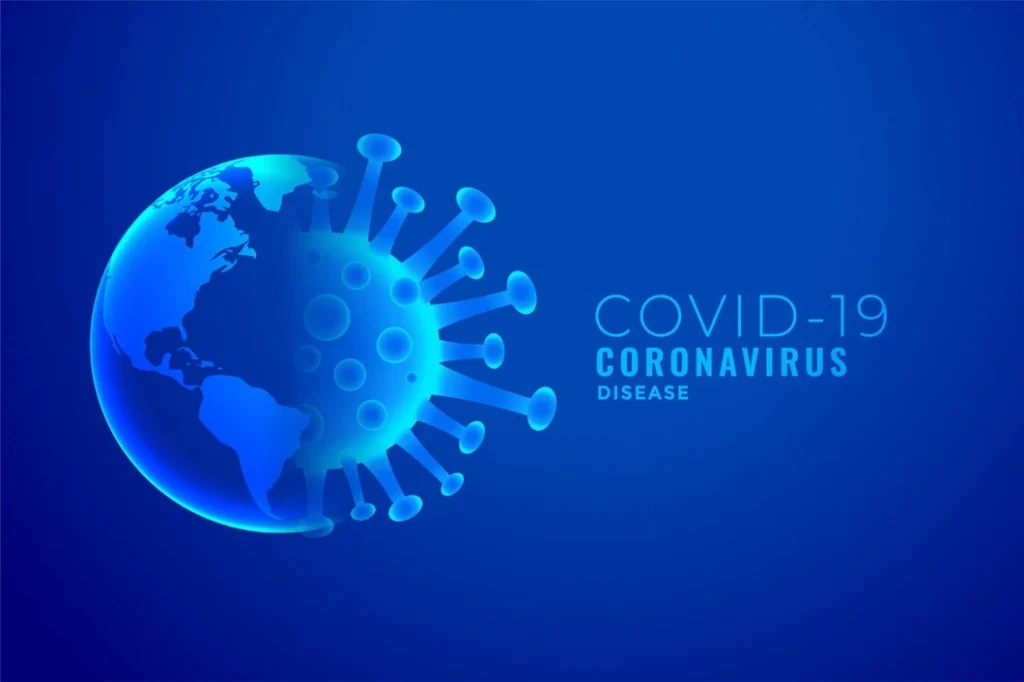 A news anchor reporting the latest updates on the Coronavirus pandemic in 2025, with a digital screen displaying global statistics and a virus illustration.