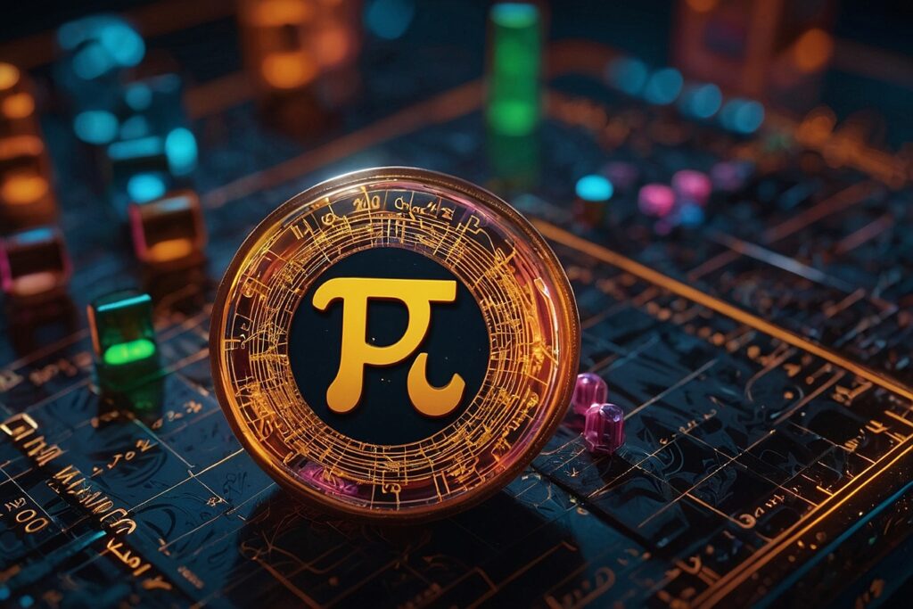 Pi Network cryptocurrency app logo with a background of digital blockchain technology