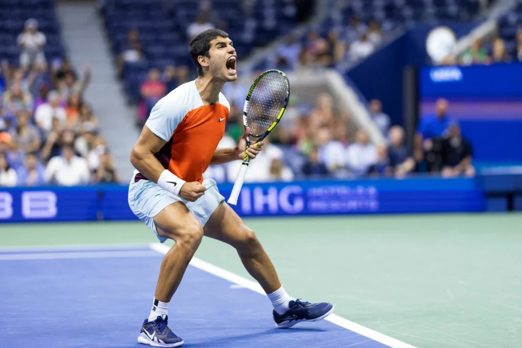 Carlos Alcaraz celebrates winning his second consecutive Indian Wells title in 2024.