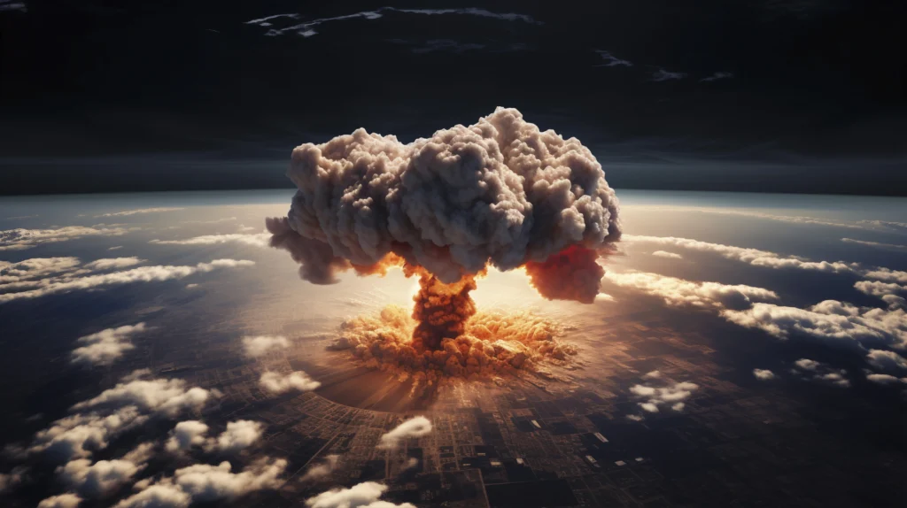 the risk of nuclear war during President Trump's administration, featuring a nuclear explosion in the background with a tense political atmosphere