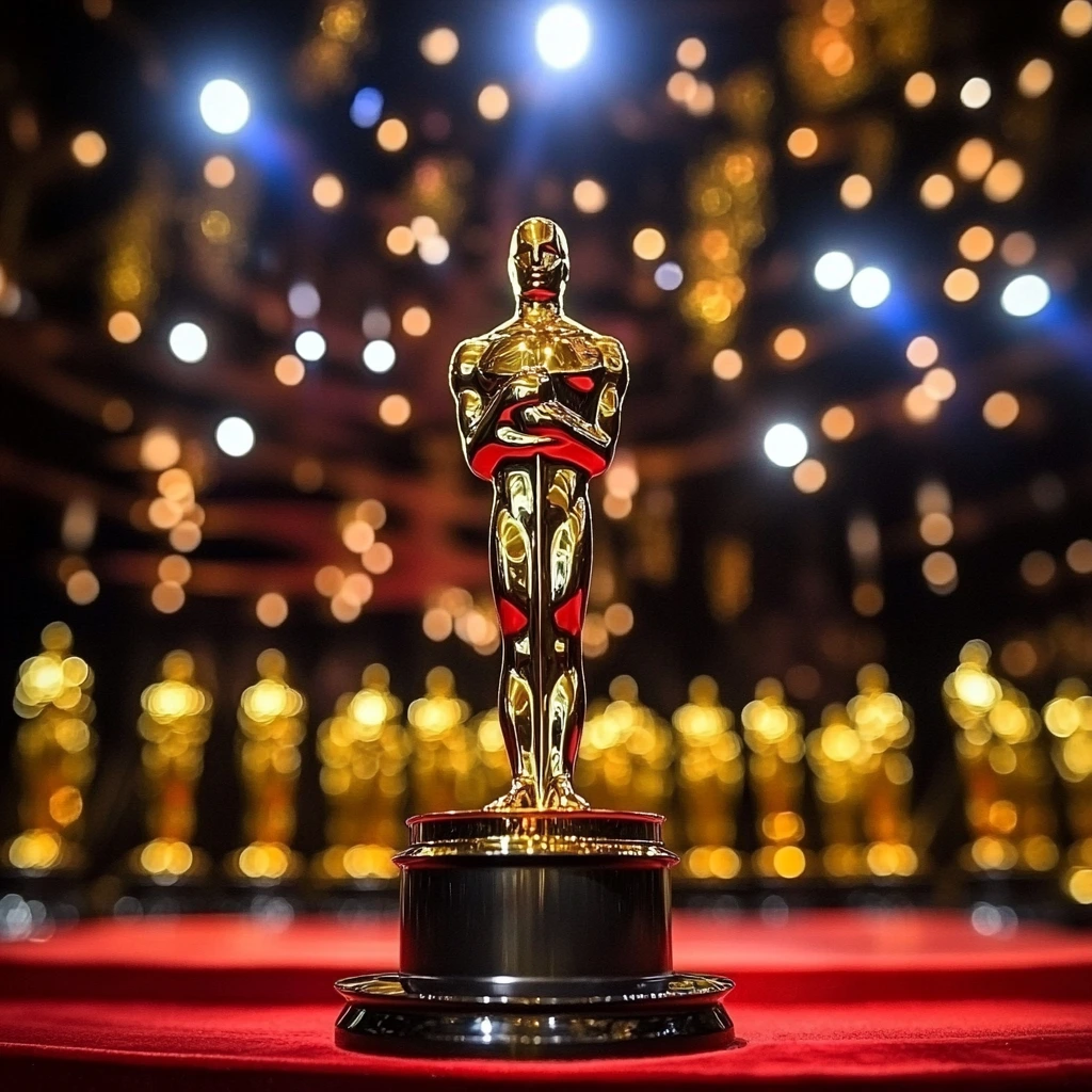 2025 Academy Awards winners posing with Oscars on stage at the Dolby Theatre, Los Angeles.